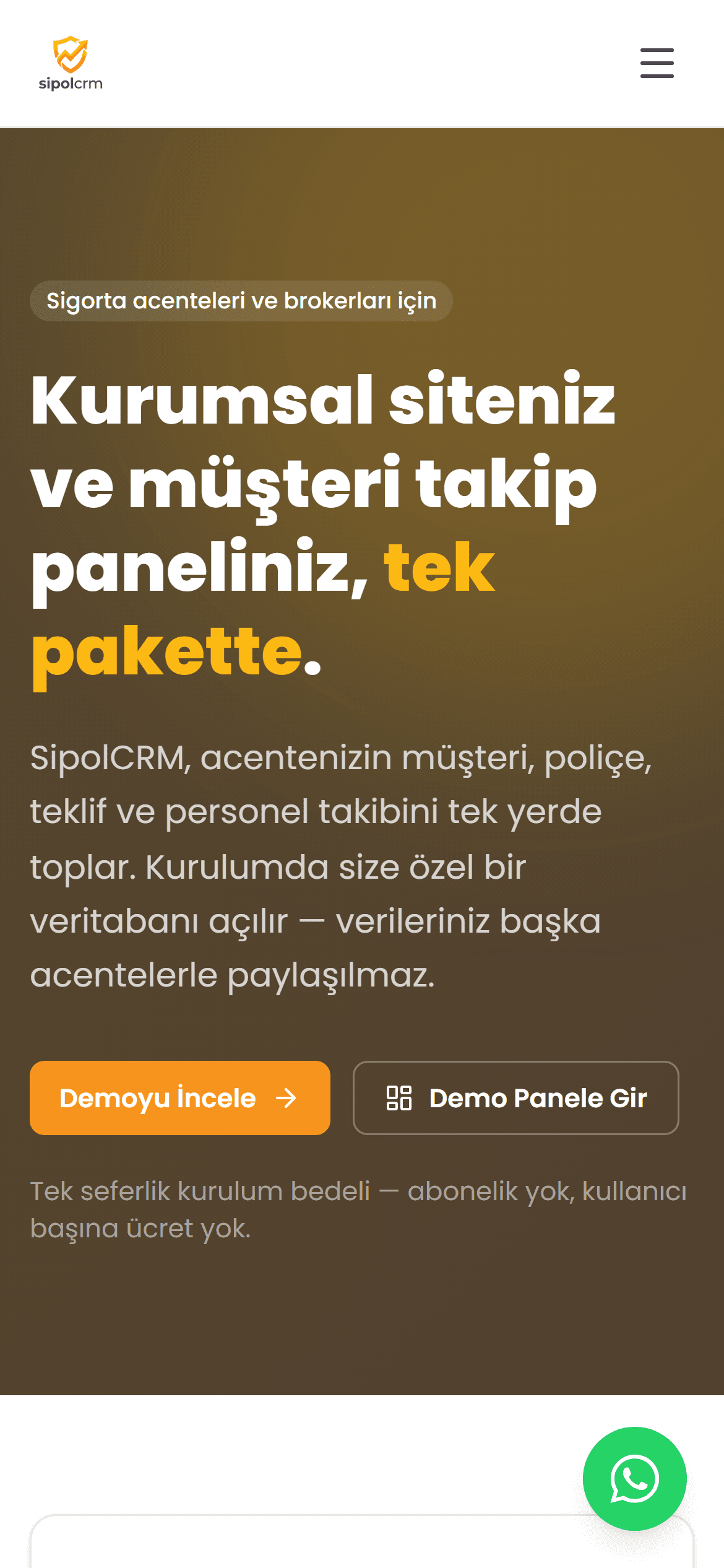 SipolCRM — Sigorta Acentesi CRM — mobil görünüm