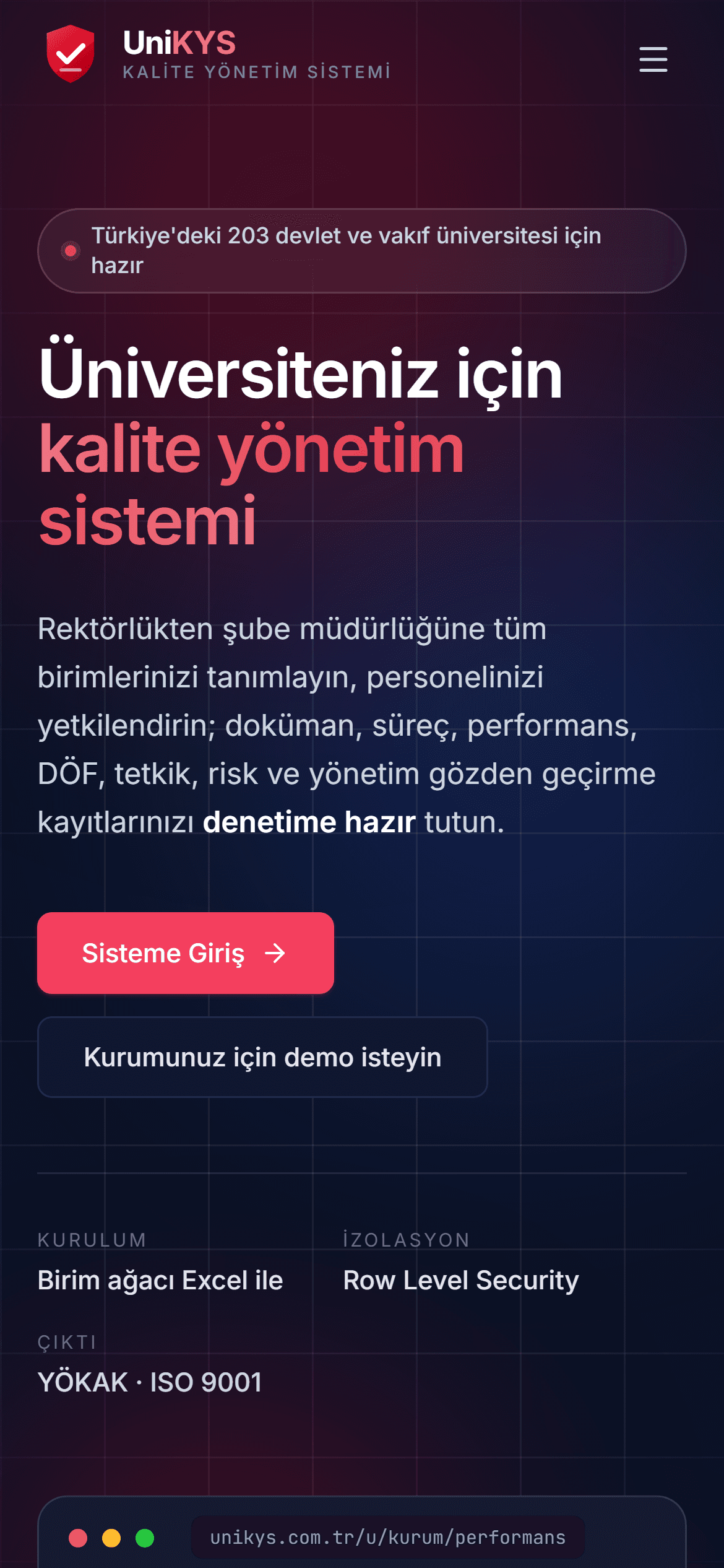 UniKYS — Üniversite Kalite Yönetim Sistemi — mobil görünüm