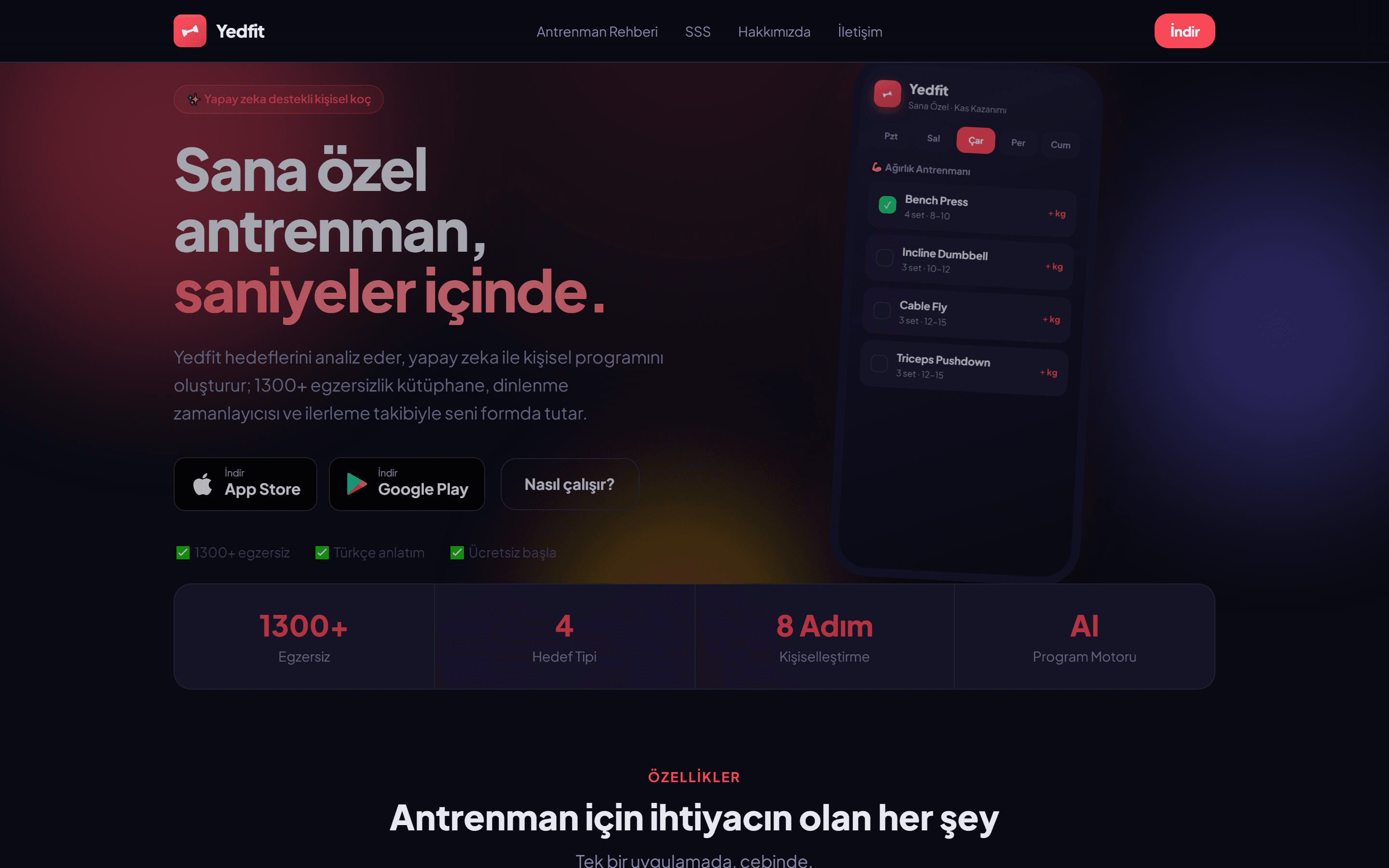 Yedfit — Yapay Zekâ Destekli Antrenman Koçu — masaüstü görünüm