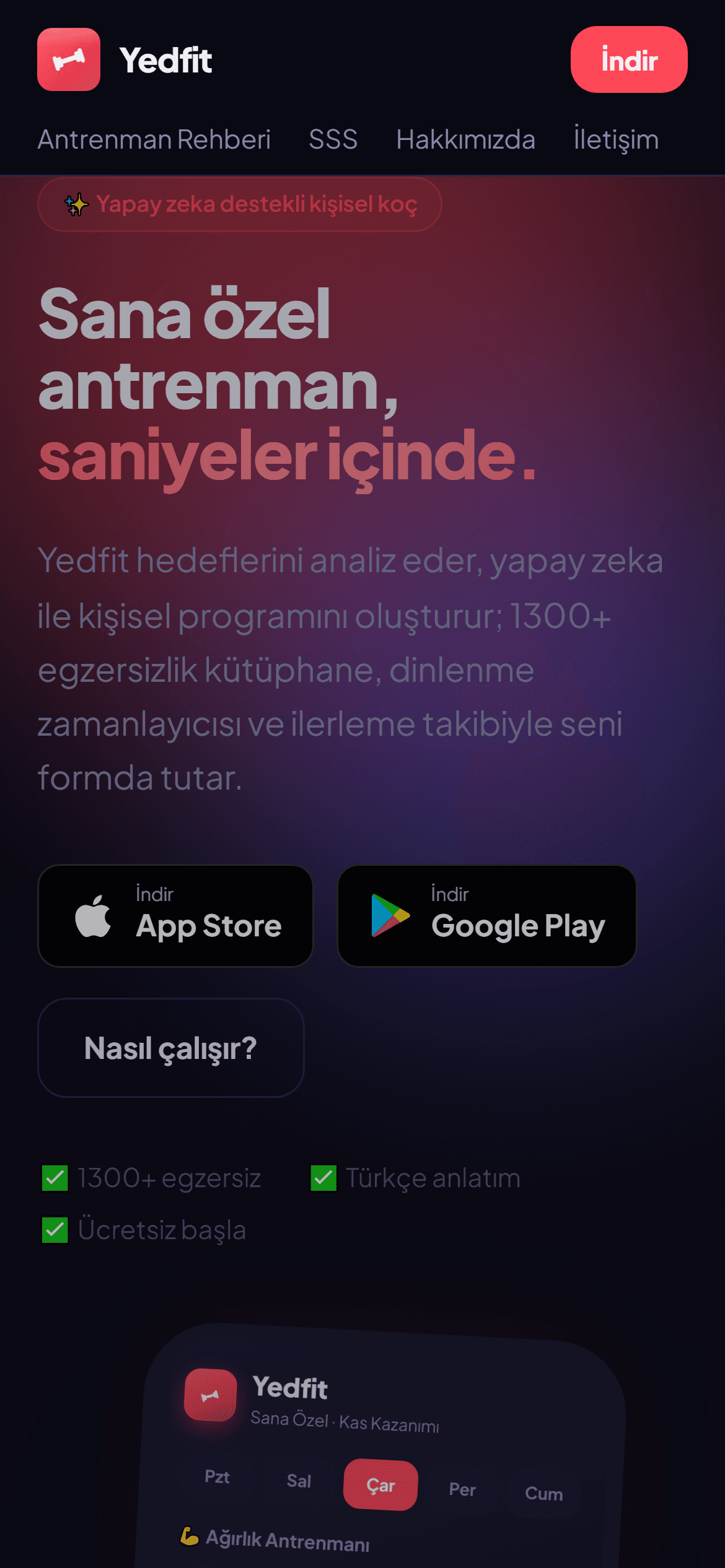 Yedfit — Yapay Zekâ Destekli Antrenman Koçu — mobil görünüm
