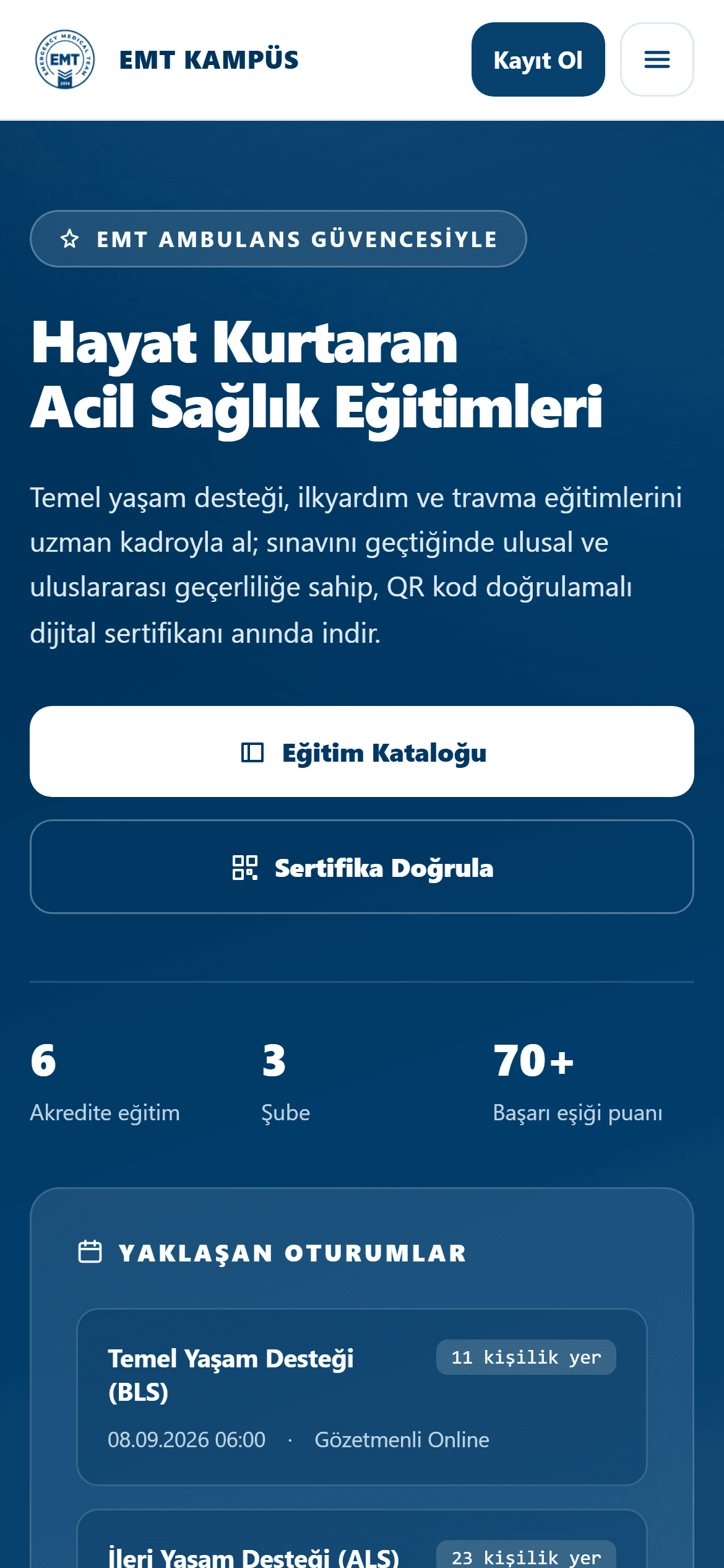 EMT Kampüs — Eğitim ve Sertifikasyon Platformu — mobil görünüm